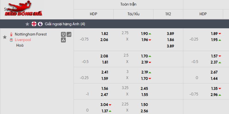 Tỷ lệ kèo Nottingham vs Liverpool Tỷ lệ kèo Nottingham vs Liverpool